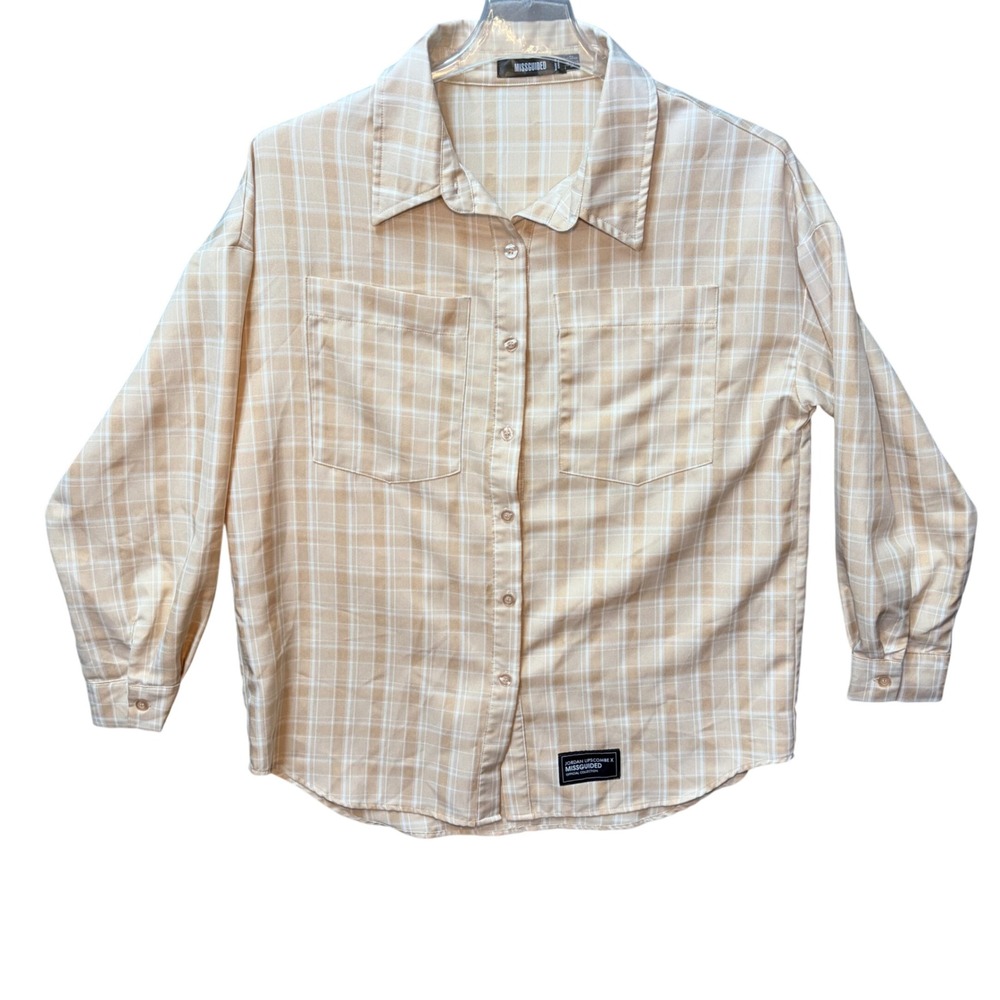 Missguided Plaid Button Down Shirt Jordan Lipscombe Tan White US Sz 0 Streetwear
